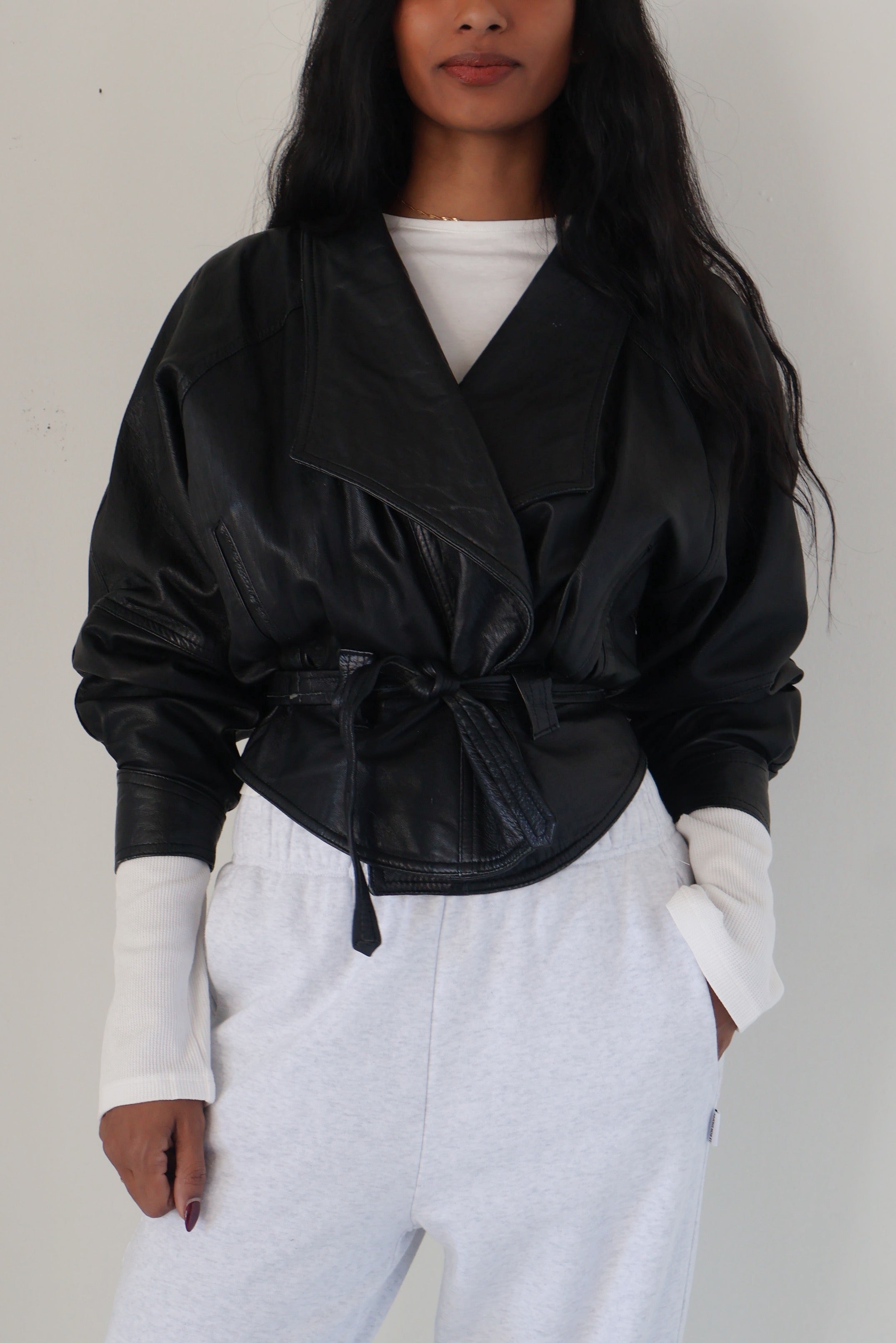 Vintage Black Leather Tie Crop Jacket