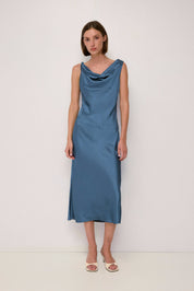 Deep Blue Cowl Neck Crushed Satin Midi Dress