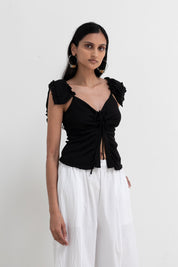 Vintage Black Ruffle Shoulder Lace Up Top