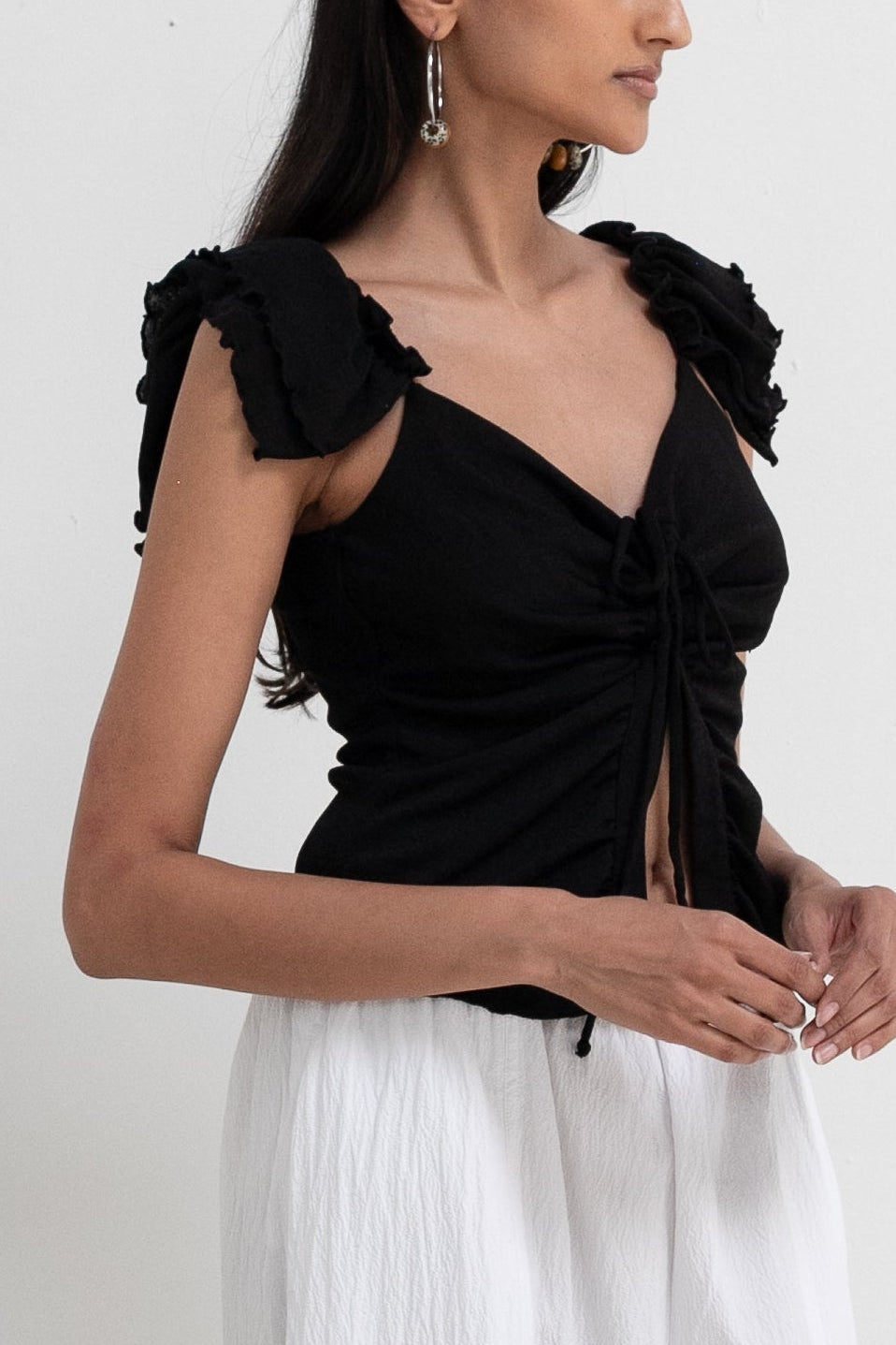 Vintage Black Ruffle Shoulder Lace Up Top