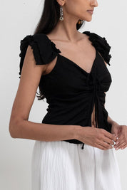 Vintage Black Ruffle Shoulder Lace Up Top