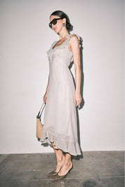 Sage & Cream Stripe Chiffon Bias-Cut Midi Dress