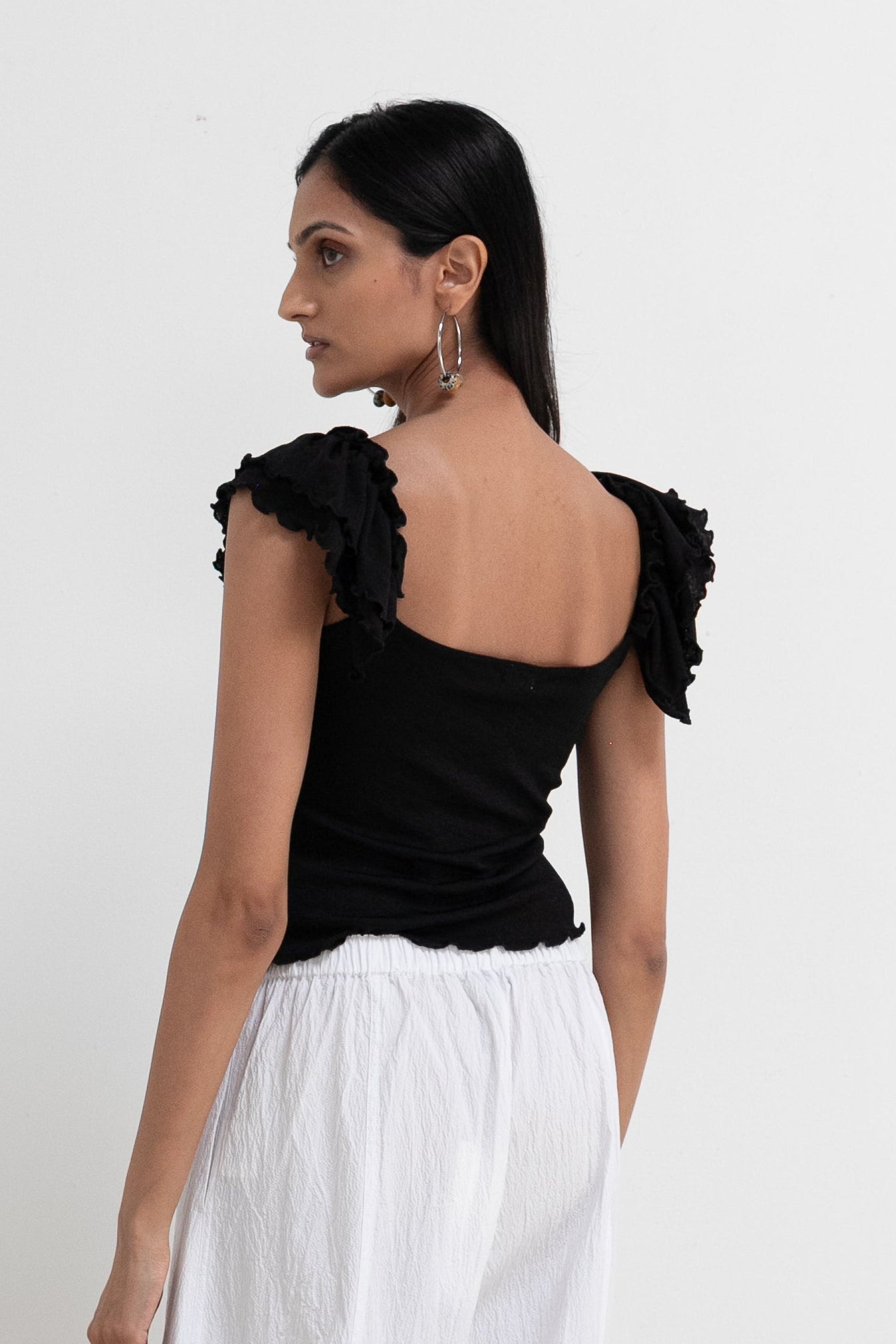 Vintage Black Ruffle Shoulder Lace Up Top