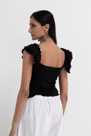 Vintage Black Ruffle Shoulder Lace Up Top