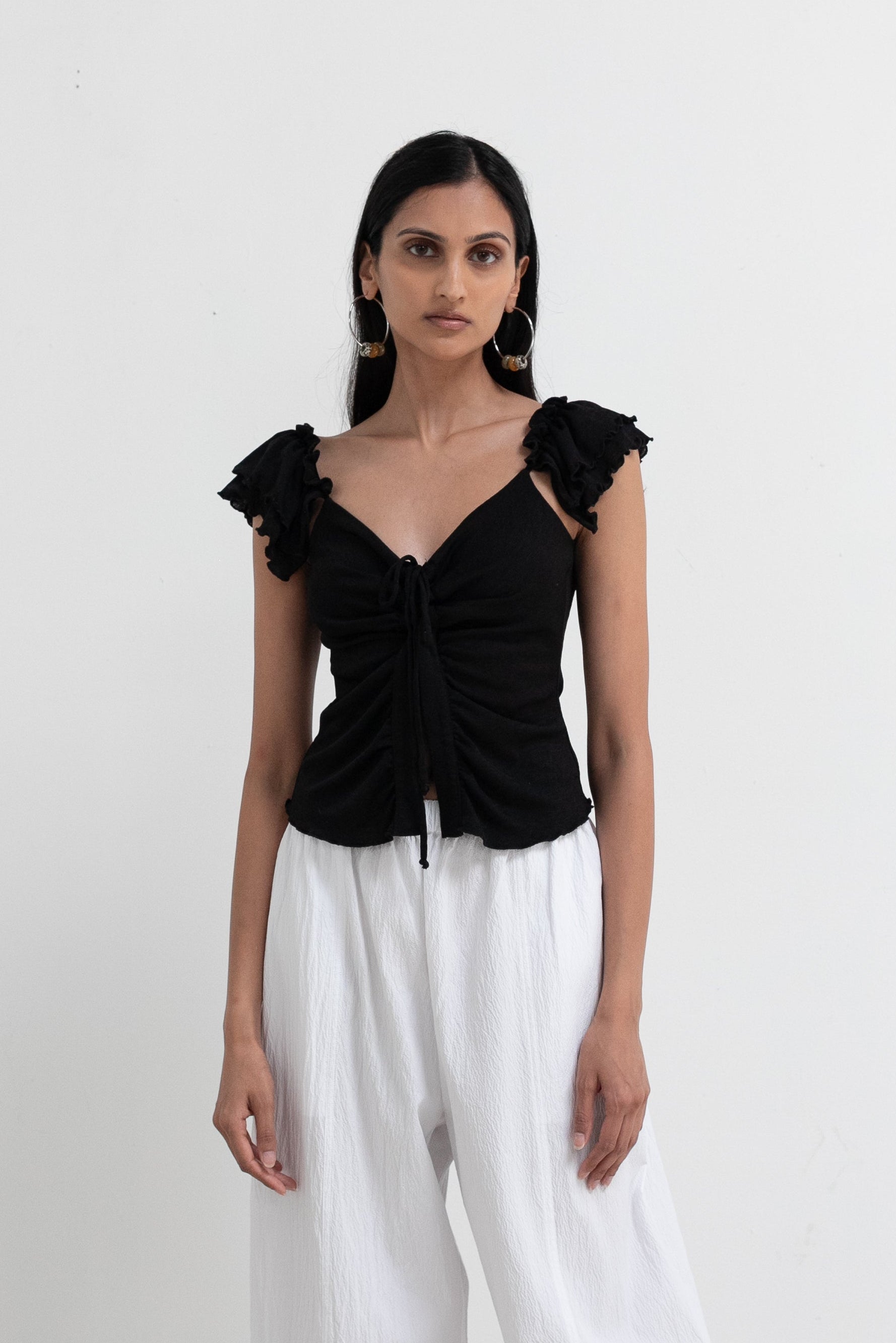 Vintage Black Ruffle Shoulder Lace Up Top