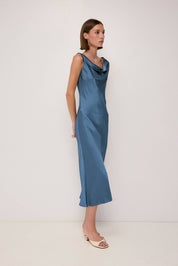 Deep Blue Cowl Neck Crushed Satin Midi Dress