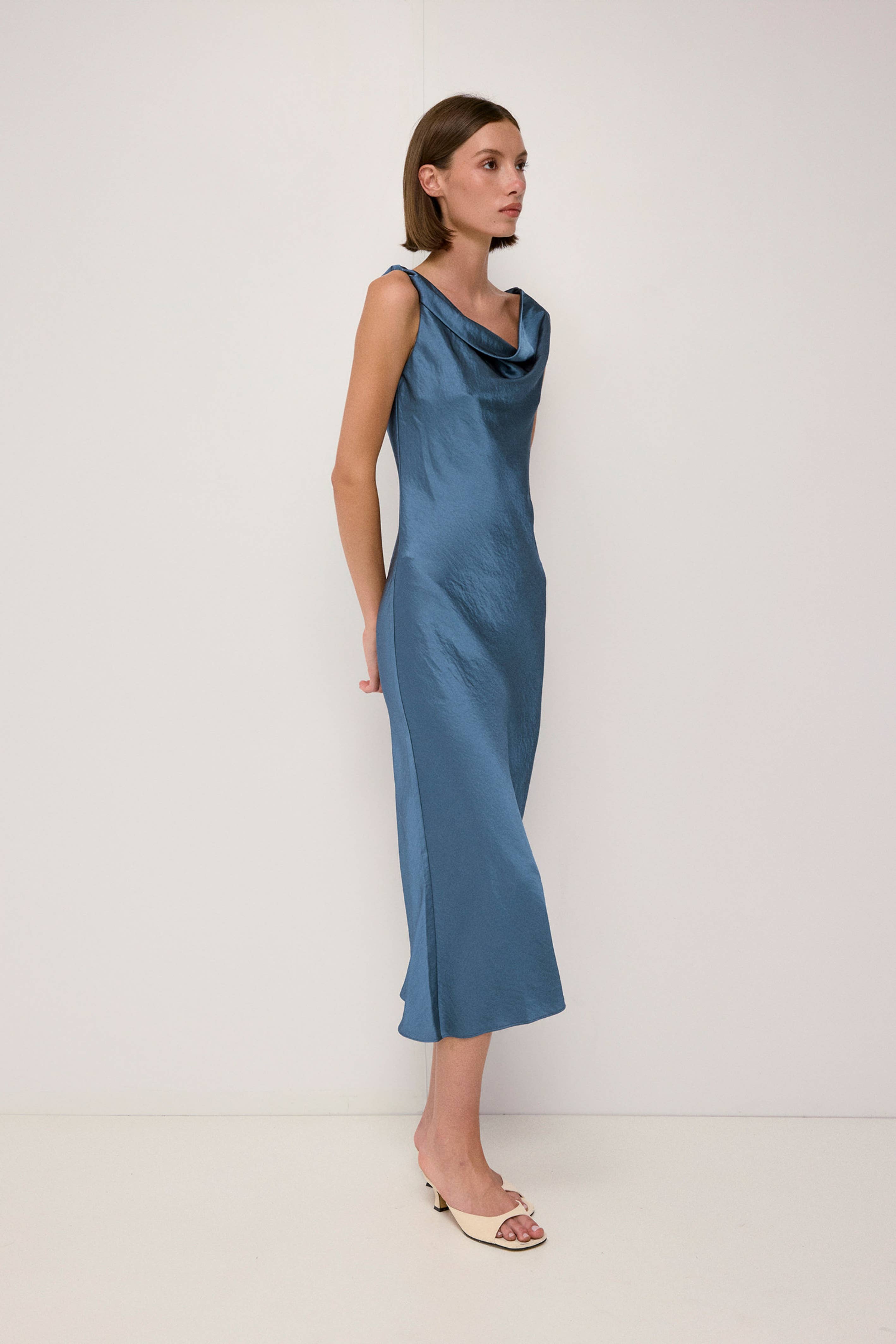 Deep Blue Cowl Neck Crushed Satin Midi Dress