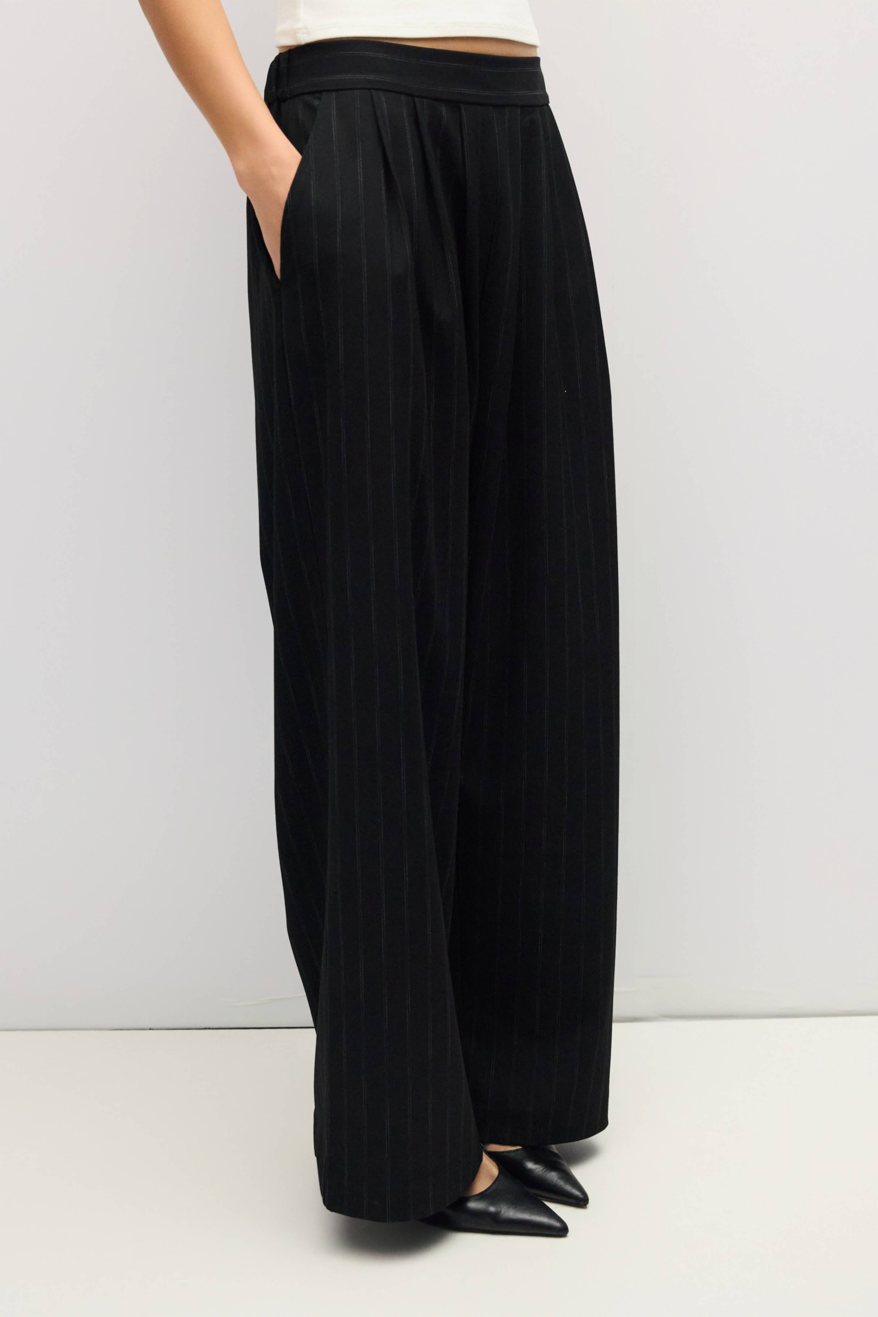 Black Pinstripe Pleated Maren Pants