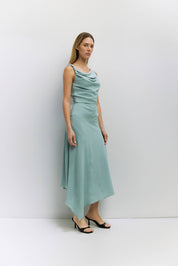Teal Asymmetrical Cowl Neck Dress