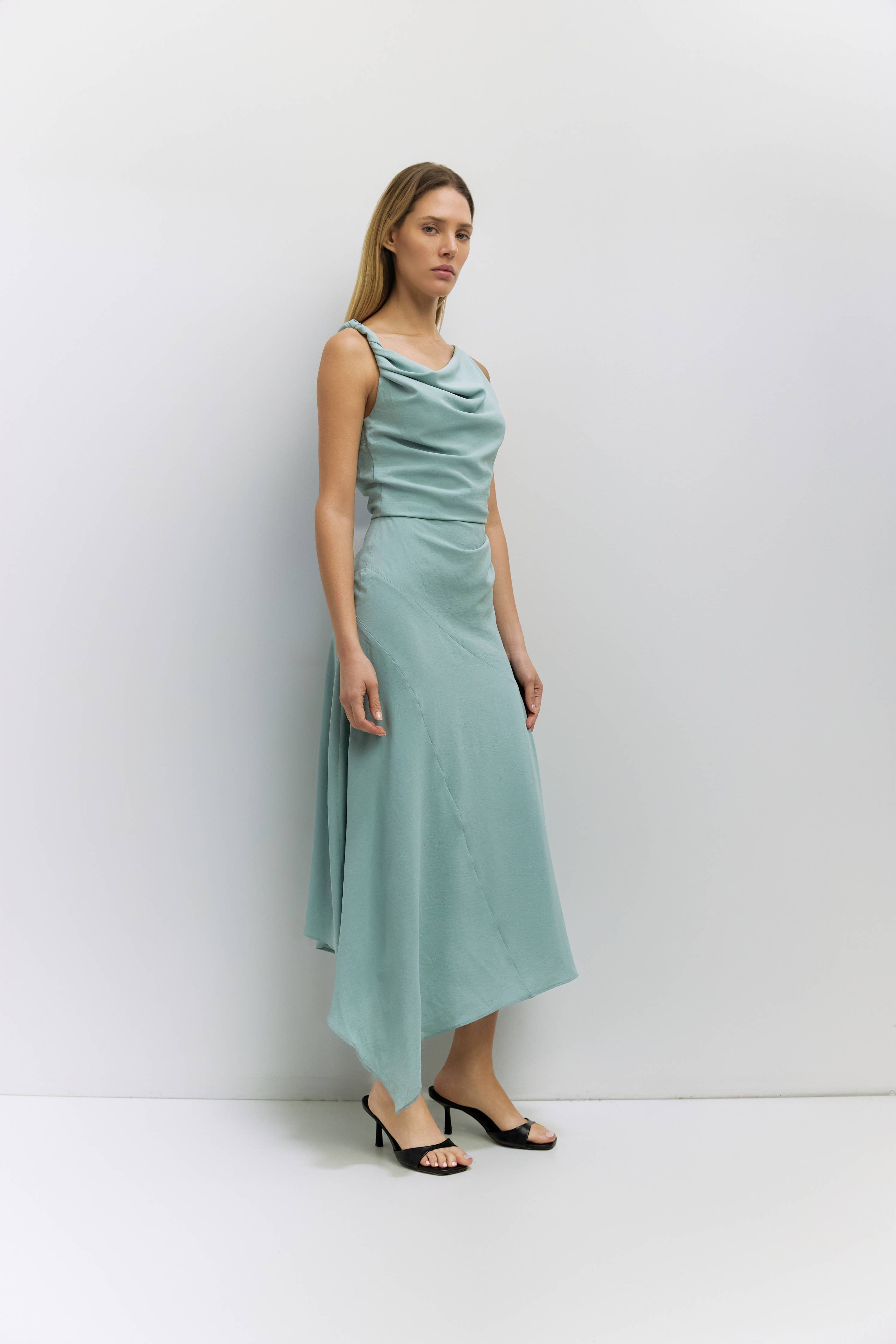 Teal Asymmetrical Cowl Neck Dress