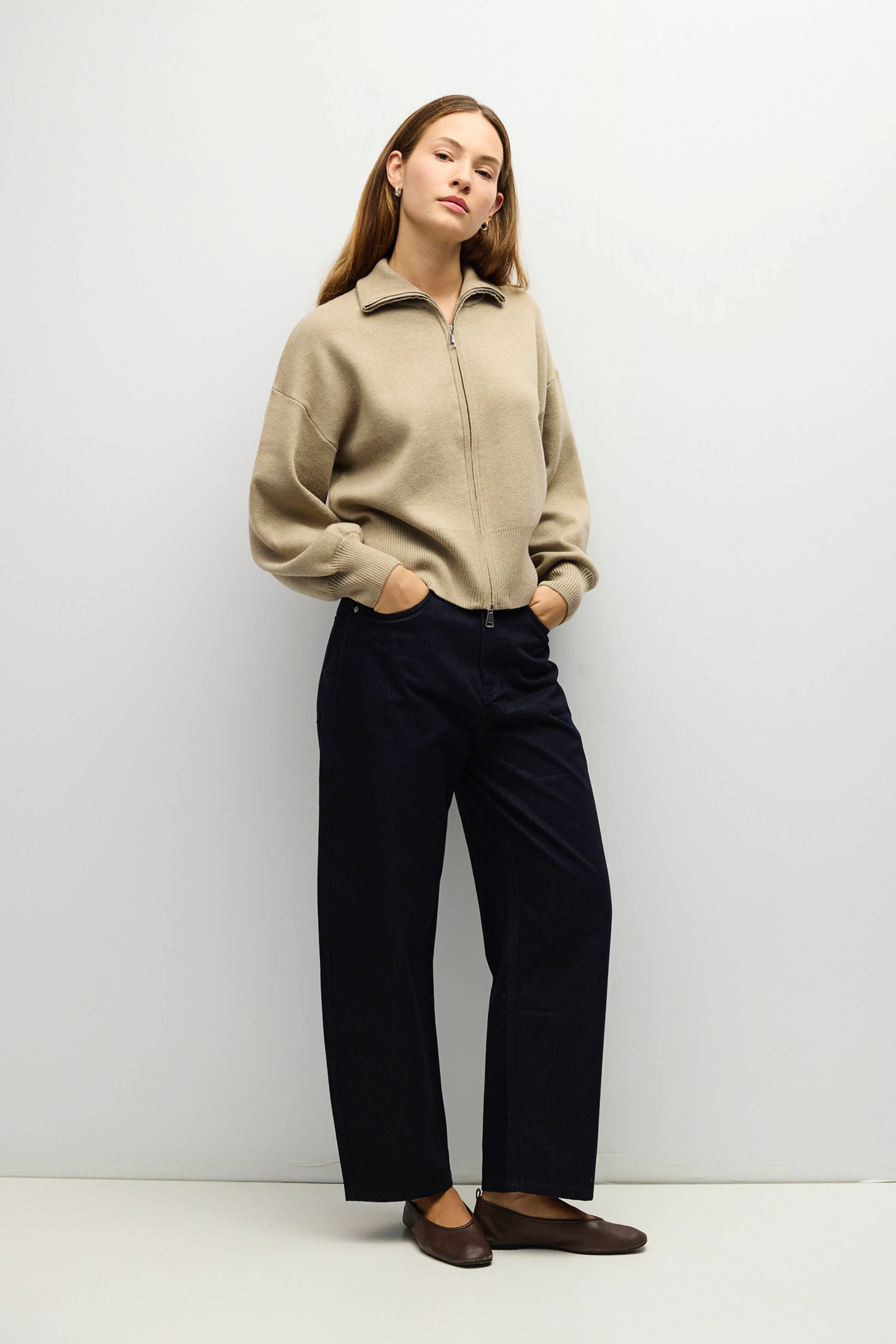 Khaki Zip Up Turtleneck Sweater