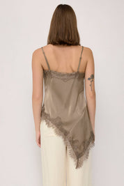 Taupe Asymmetrical Lace Satin Top
