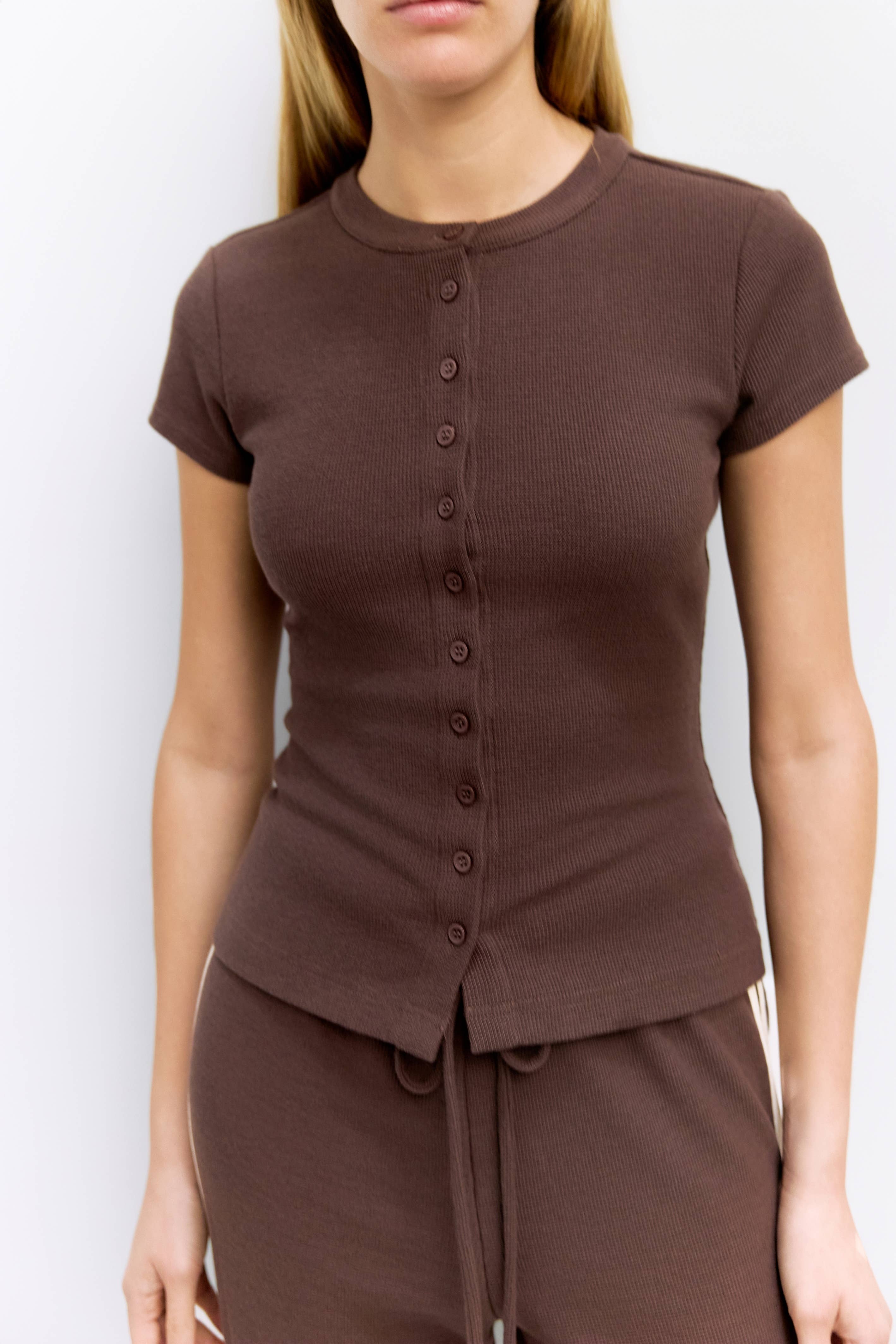 Brown Waffle Button-Up Knit Top