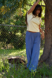 Navy Stripe Washed Linen Wide Leg Pant