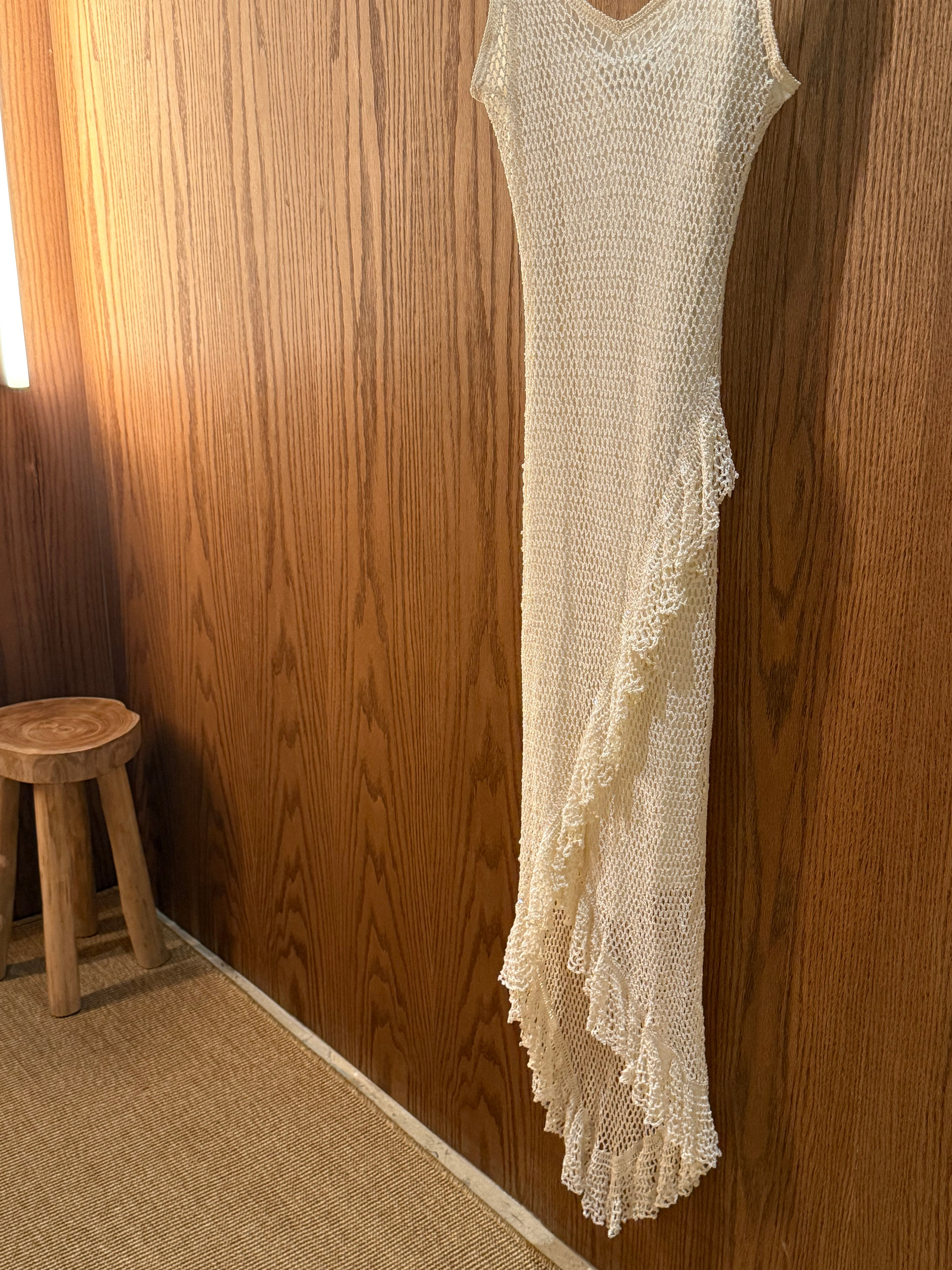Vintage Cream Crochet Ruffle Asymmetrical Dress