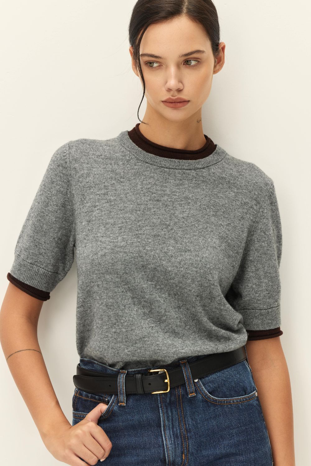 Grey Brown Contrast Short Sleeve Sweater