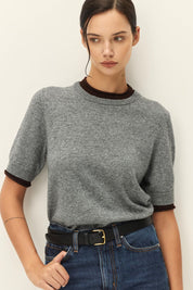 Grey Brown Contrast Short Sleeve Sweater