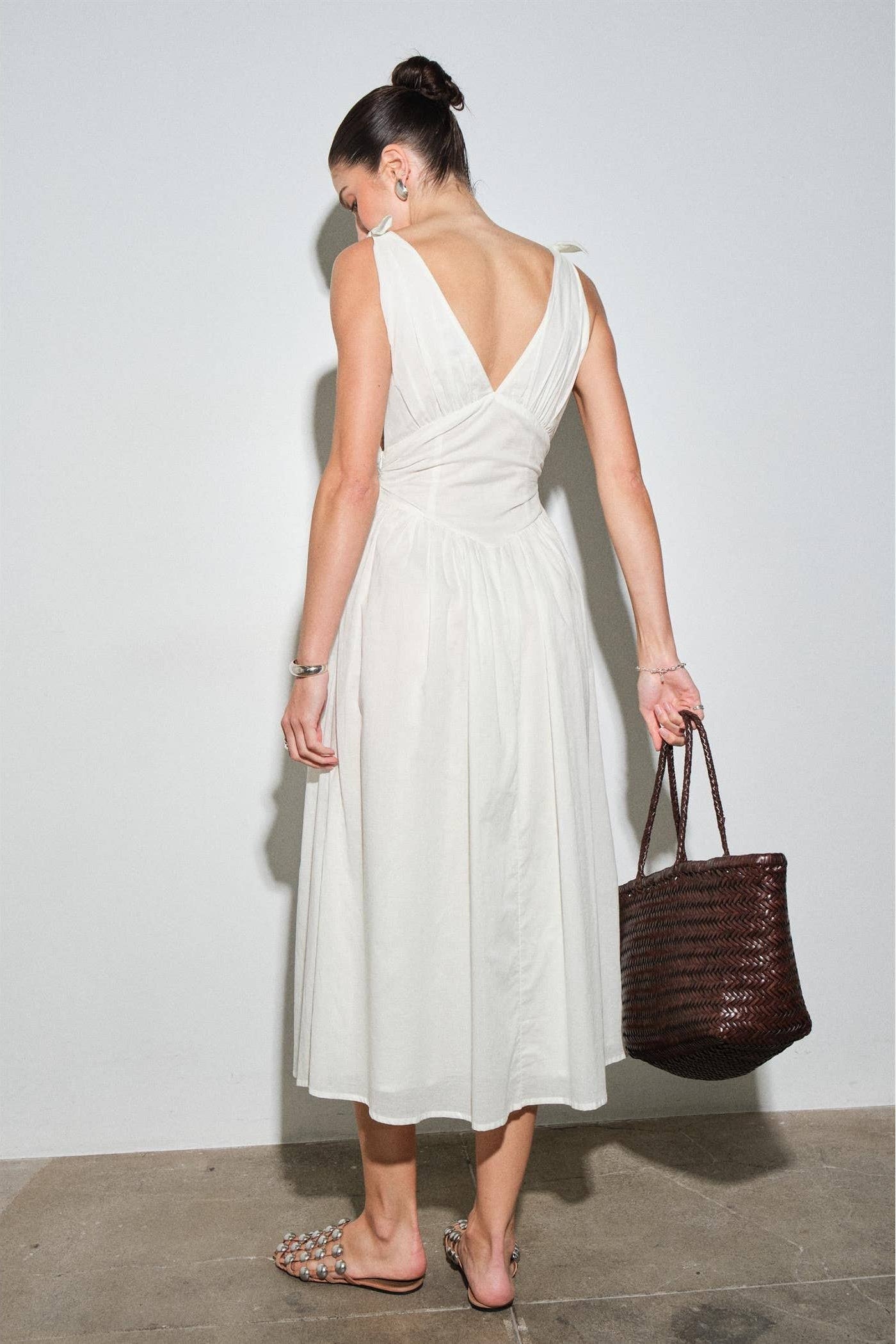 White Cotton Poplin Corset-Waist Maxi Dress