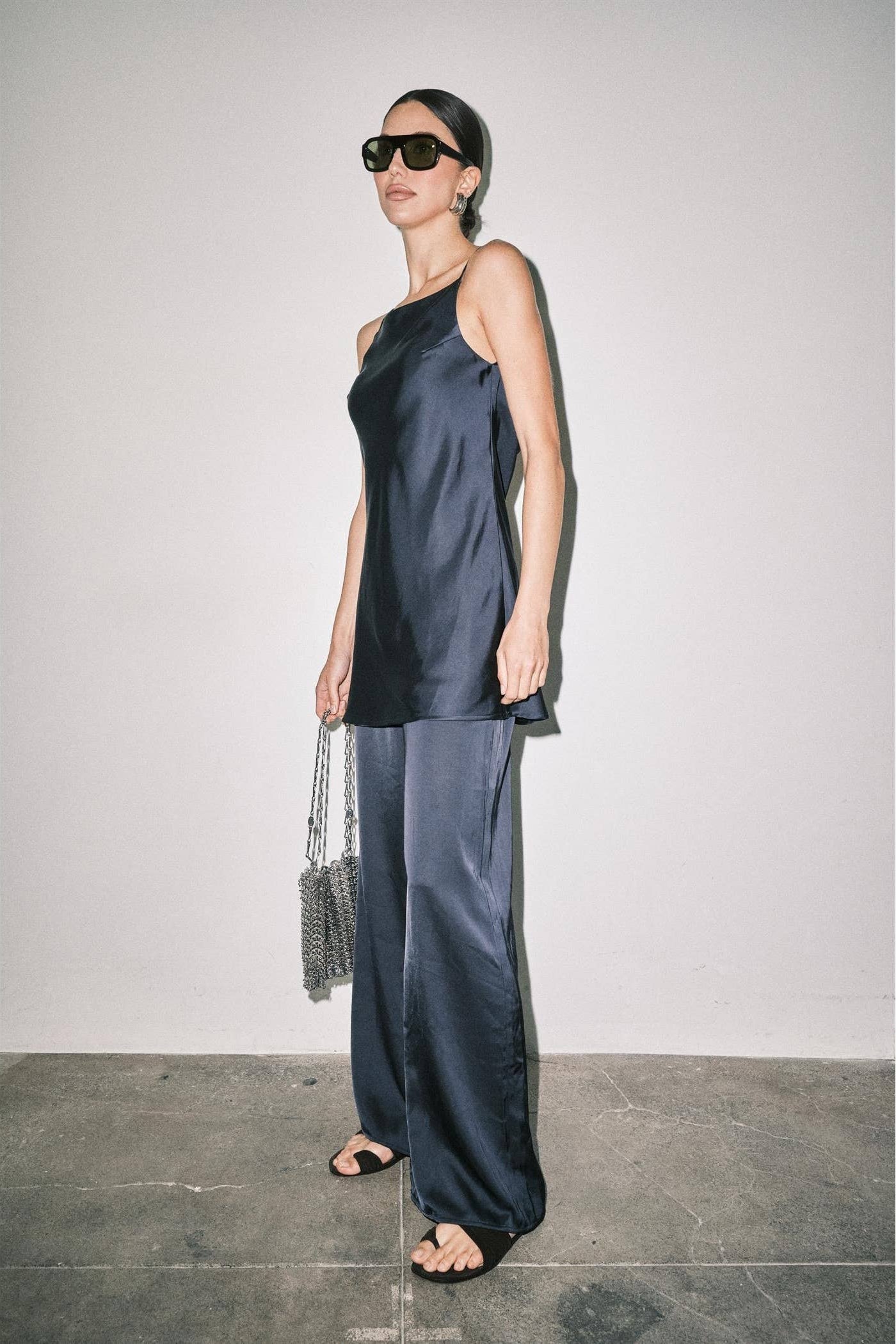 Navy Satin Cami & Wide Leg Pant Set