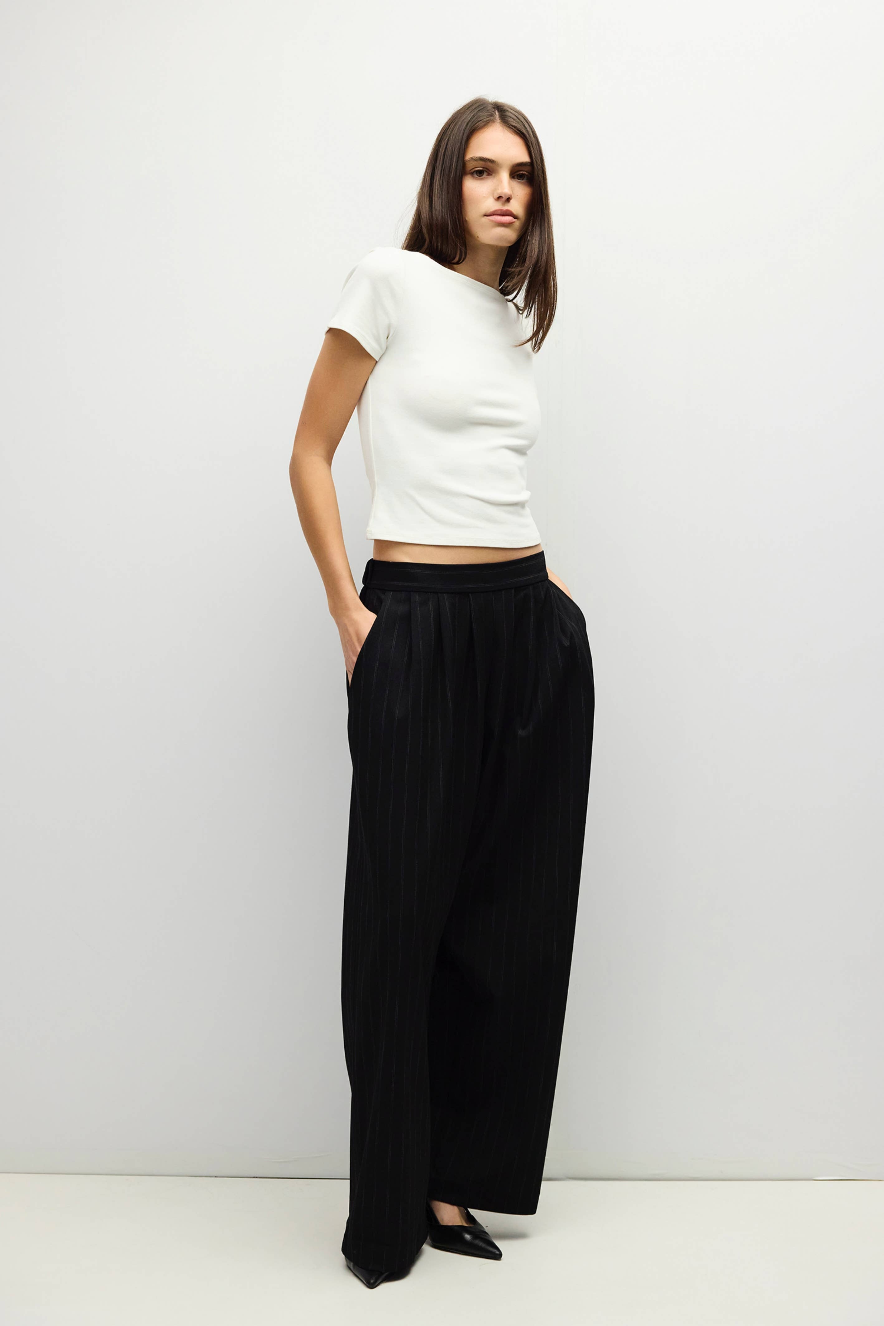 Black Pinstripe Pleated Maren Pants