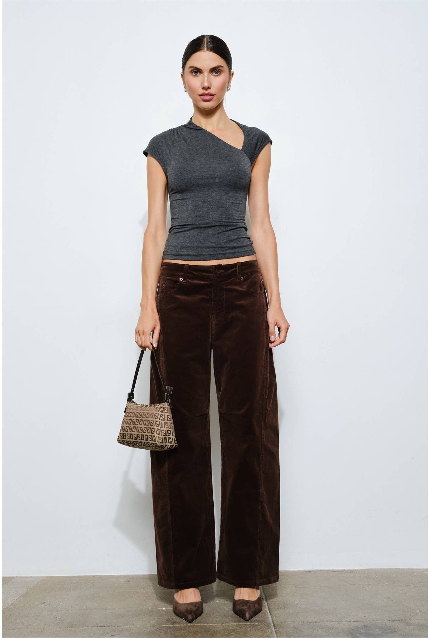 Charcoal Petra SS Asymmetrical Draped Top