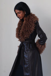 Espresso Shearling Trim Trench Coat