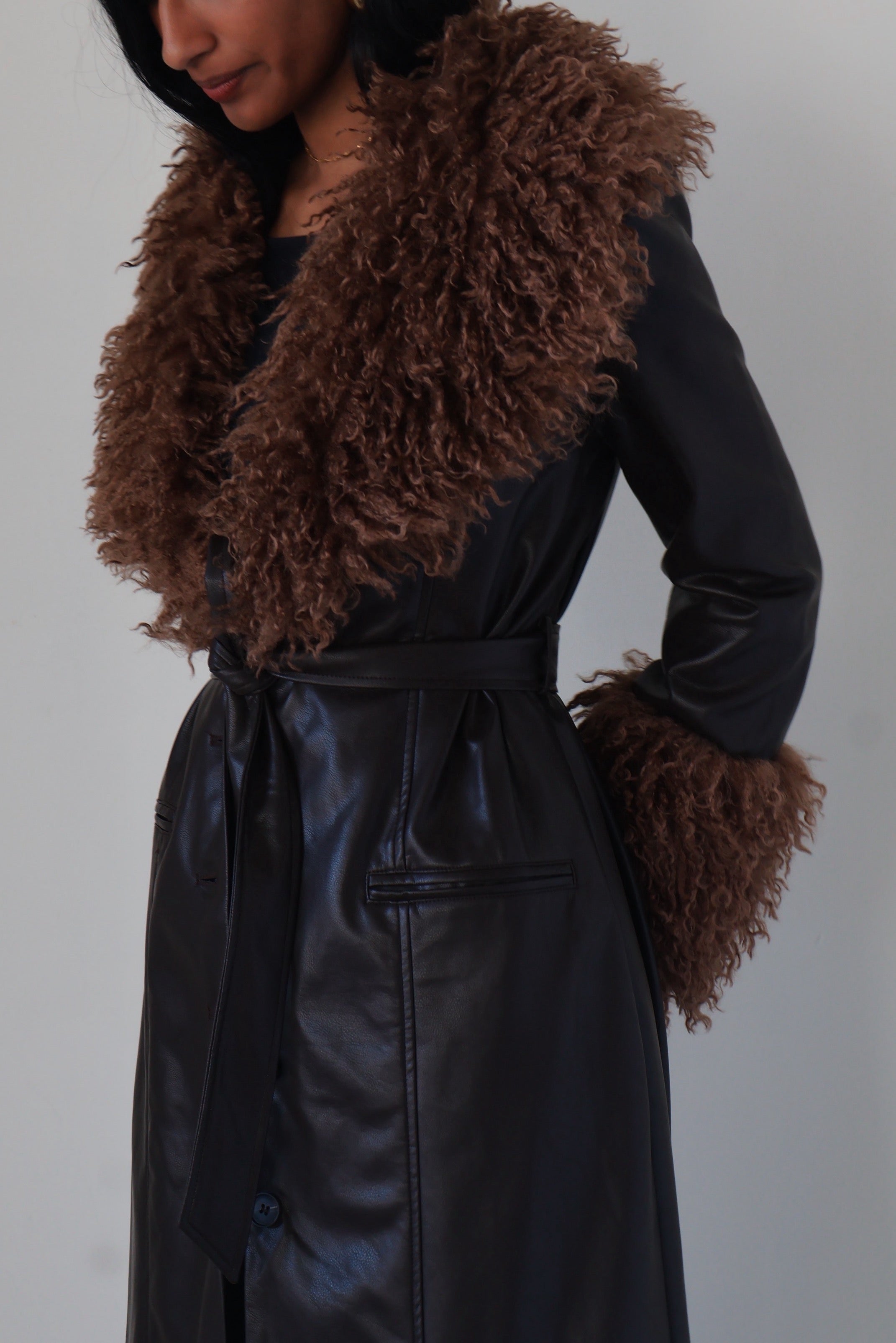 Espresso Shearling Trim Trench Coat