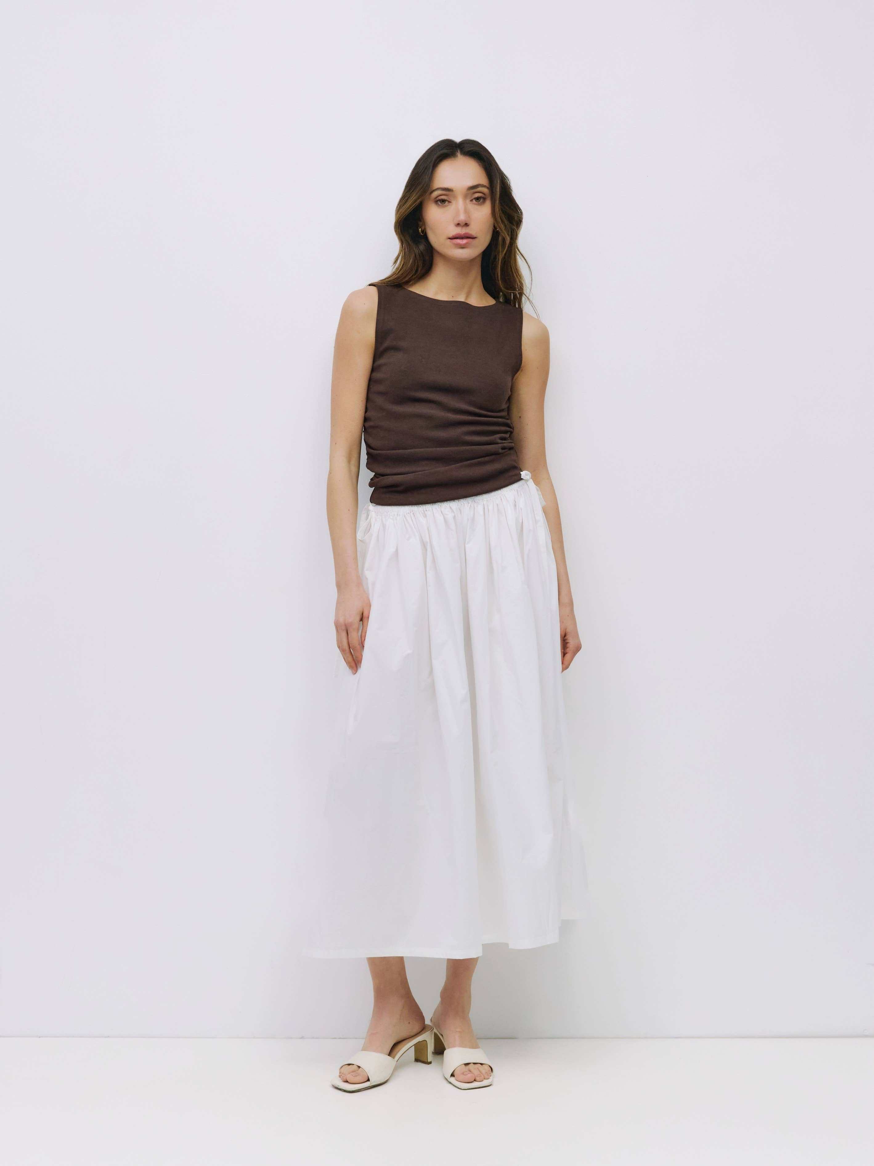 White Kiana Side Tie Midi Skirt