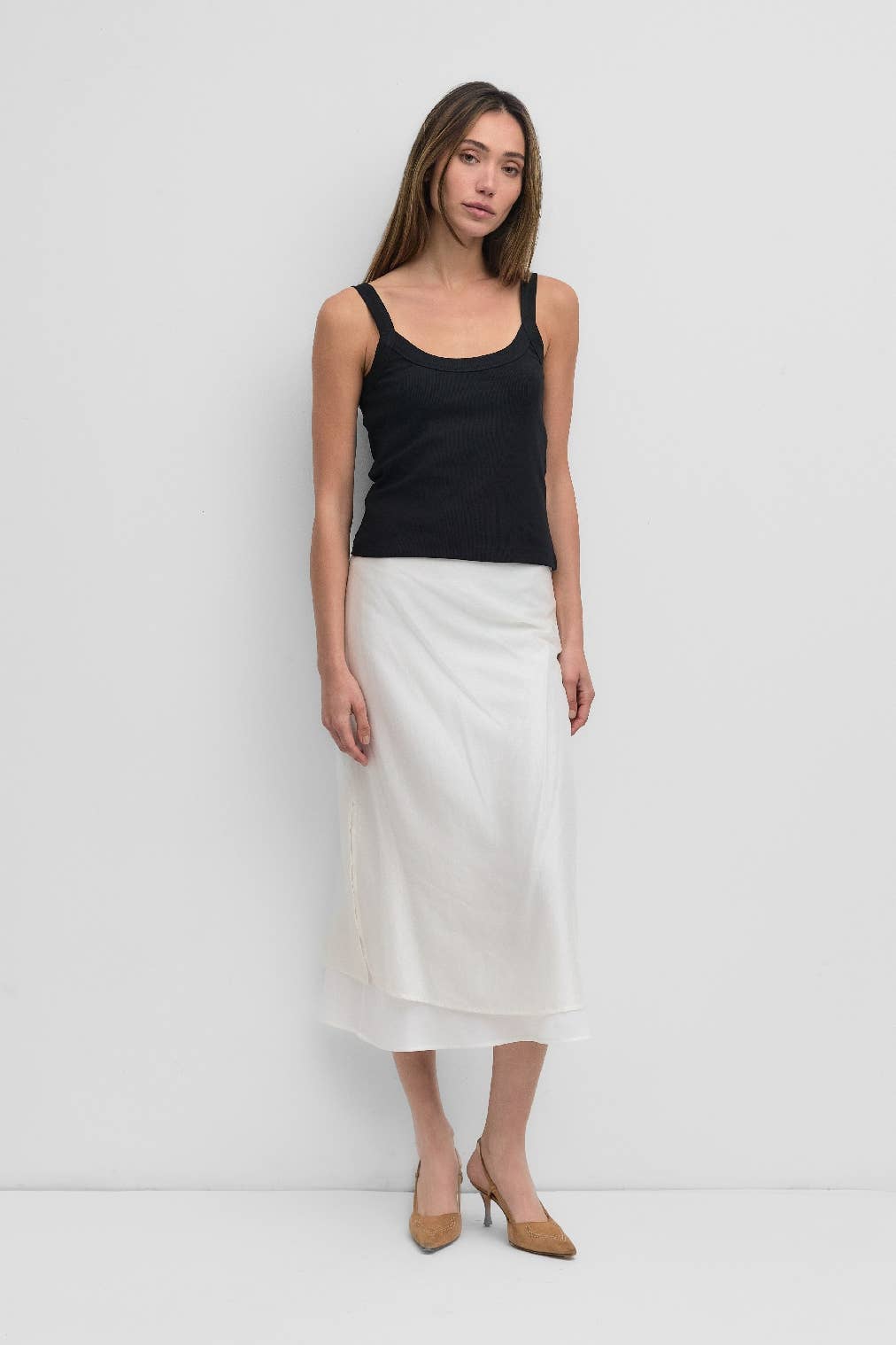 White Layered Fabrics Midi Skirt