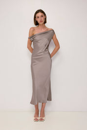 Taupe Cowl Neck Crushed Satin Midi Dress