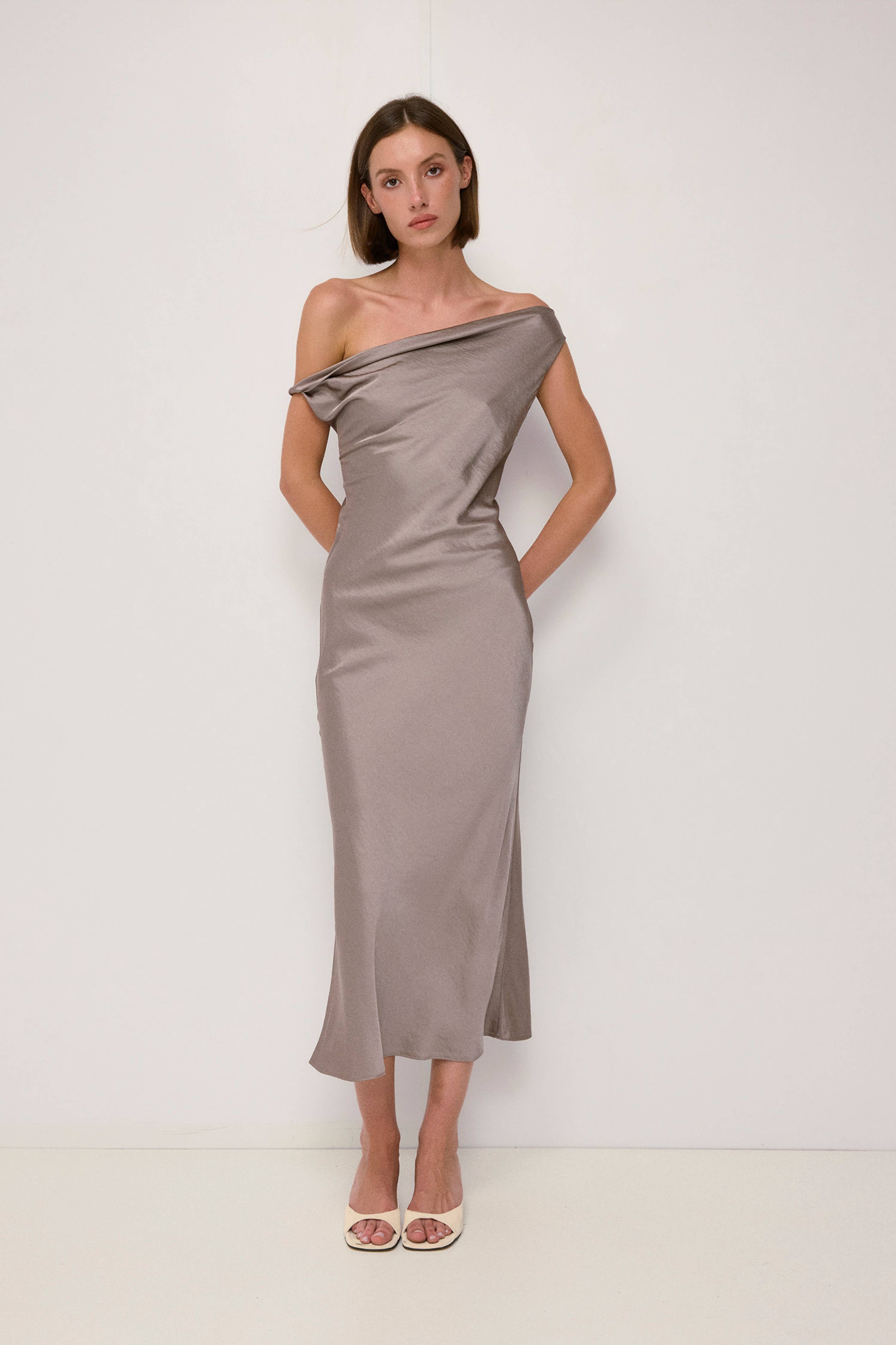 Taupe Cowl Neck Crushed Satin Midi Dress