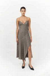 St. Agni Khaki Pinstripe Asymmetric Slip Dress