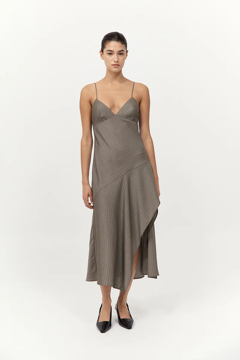 St. Agni Khaki Pinstripe Asymmetric Slip Dress Dear Society St. Agni Khaki Pinstripe Asymmetric Slip Dress Dear Society
