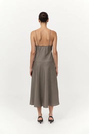 St. Agni Khaki Pinstripe Asymmetric Slip Dress