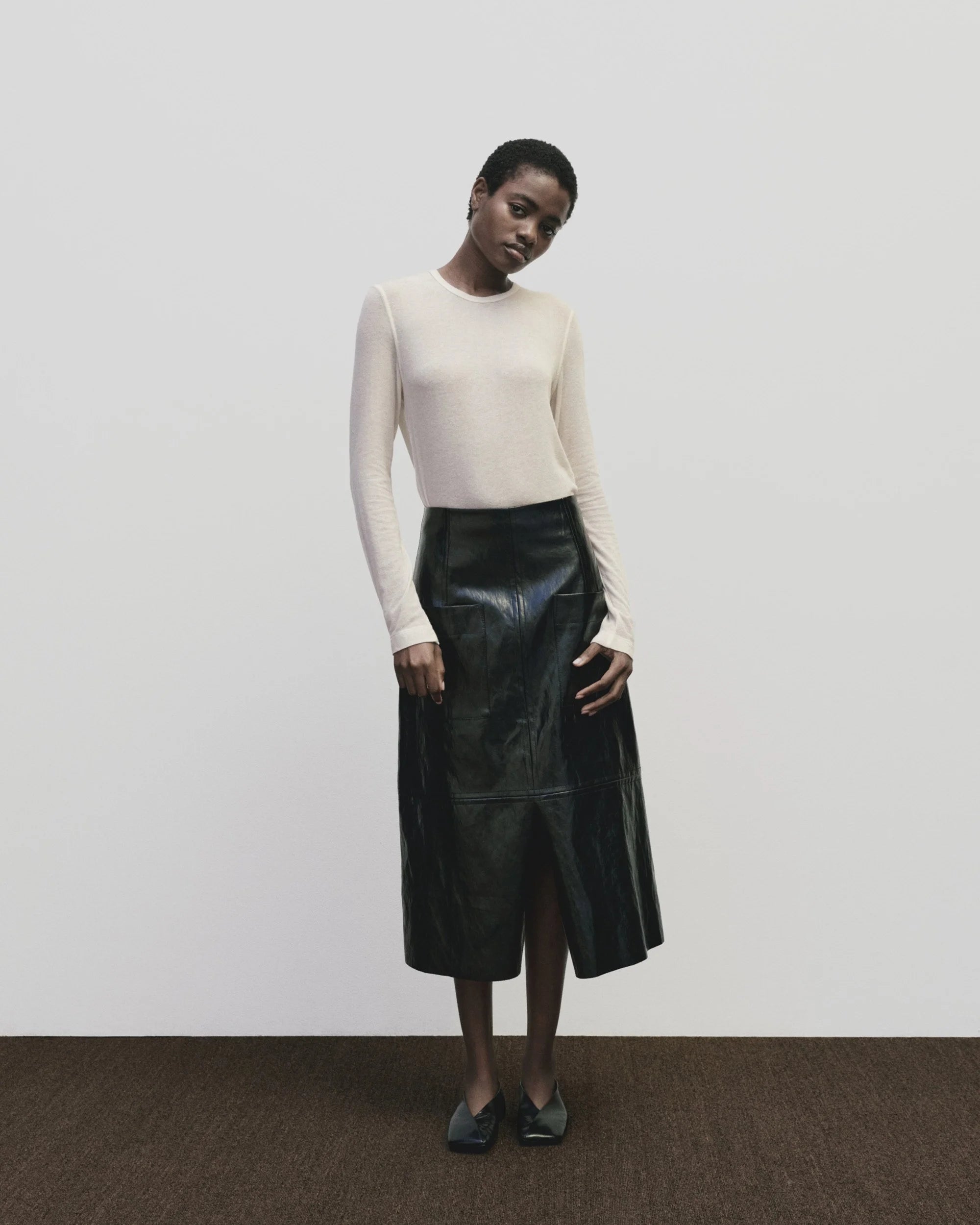 Mijeong Park Black Faux Leather Midi Skirt