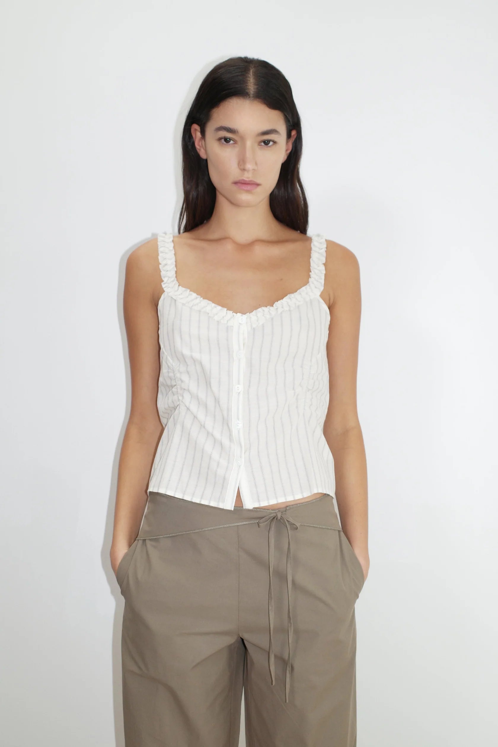 Deiji Studios Stripe Ruffle Button Top