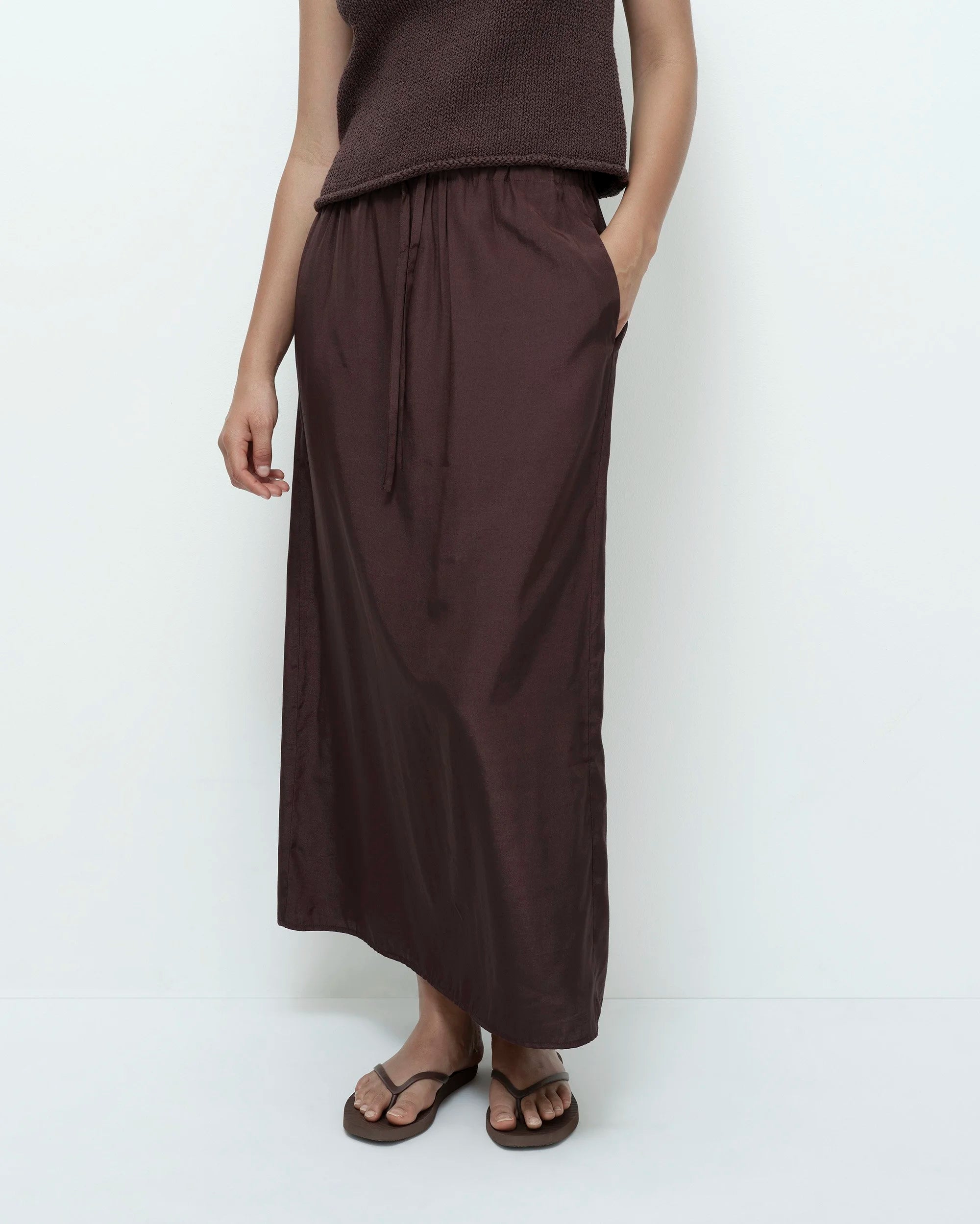 Mijeong Park Dark Brown Drawstring Midi Skirt