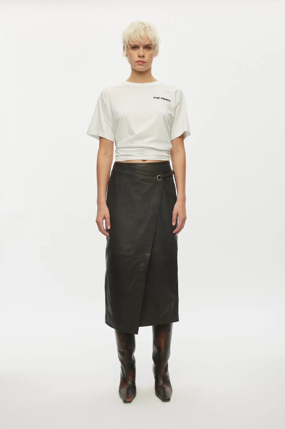 Oval Square Chocolate Reflection Leather Wrap Skirt