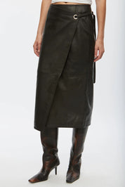 Oval Square Chocolate Reflection Leather Wrap Skirt