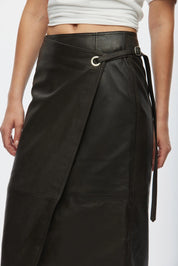 Oval Square Chocolate Reflection Leather Wrap Skirt