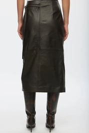 Oval Square Chocolate Reflection Leather Wrap Skirt