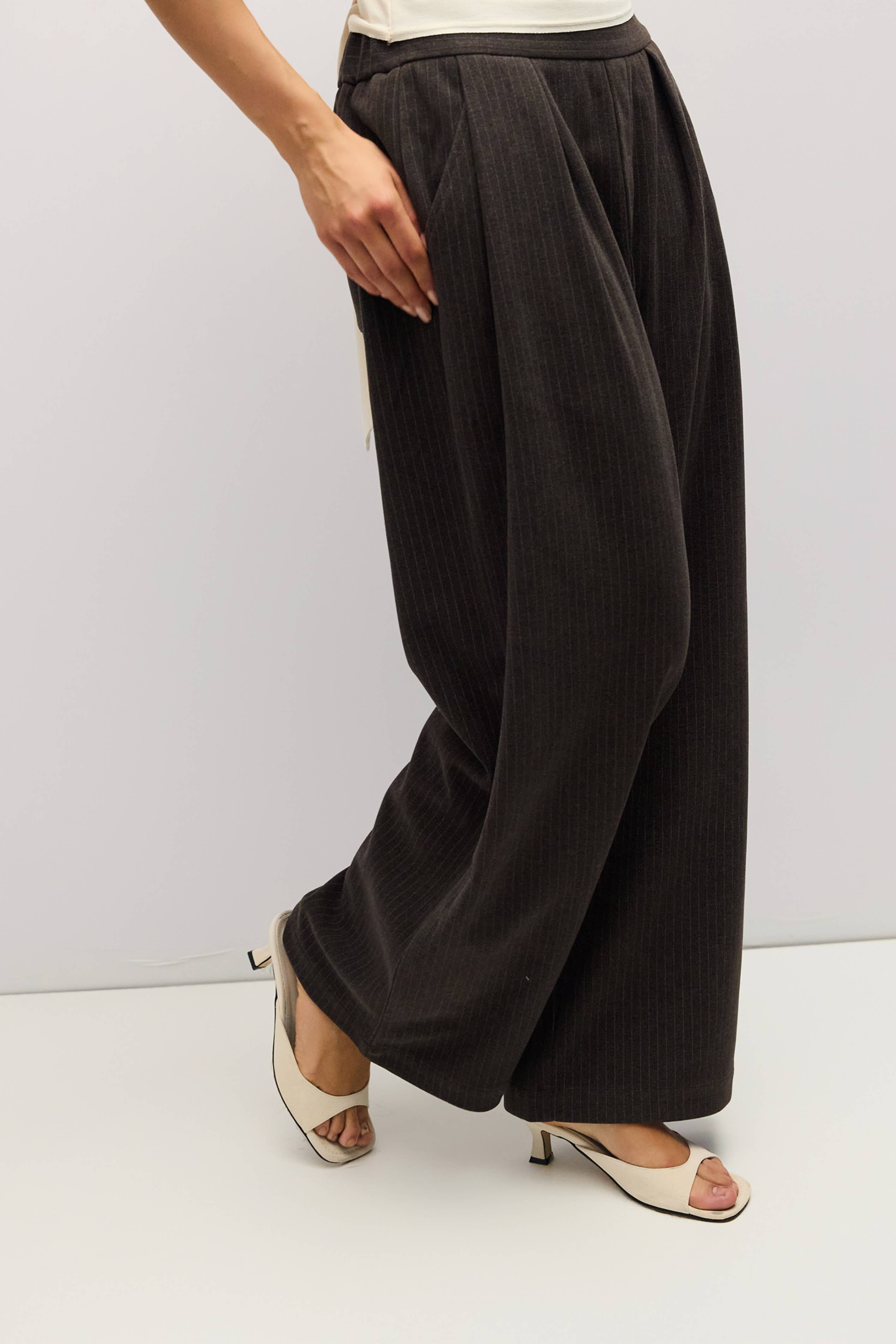 Brown Pinstripe Pleated Sophia Pants