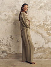 The Handloom Khaki Green Lucid Flow Tie Pants
