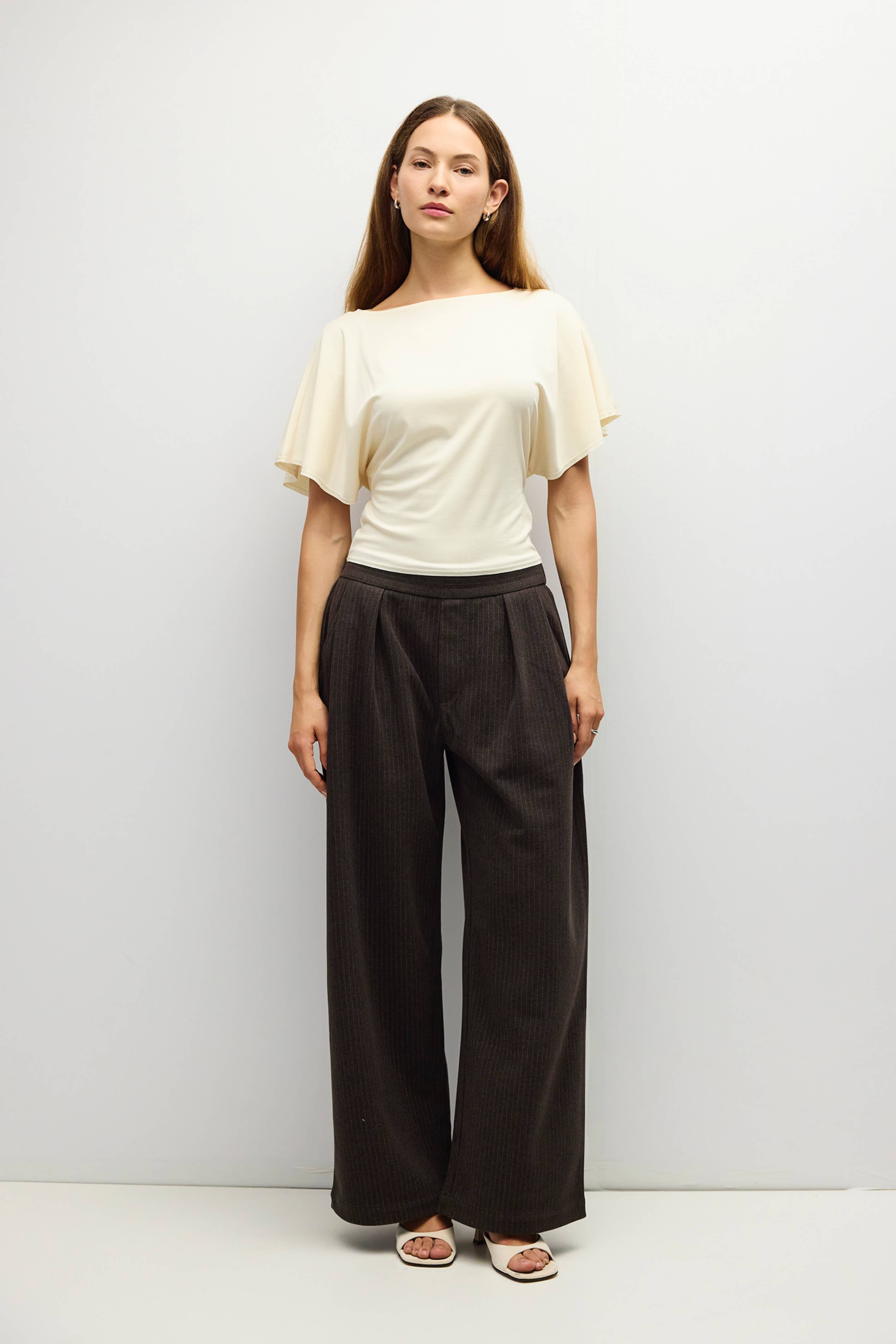 Brown Pinstripe Pleated Sophia Pants