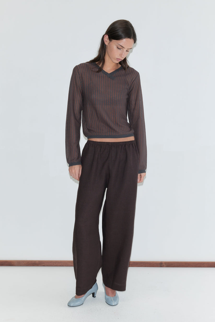 Deiji Studios Linen Ease Trouser in Brown/Black Stripe