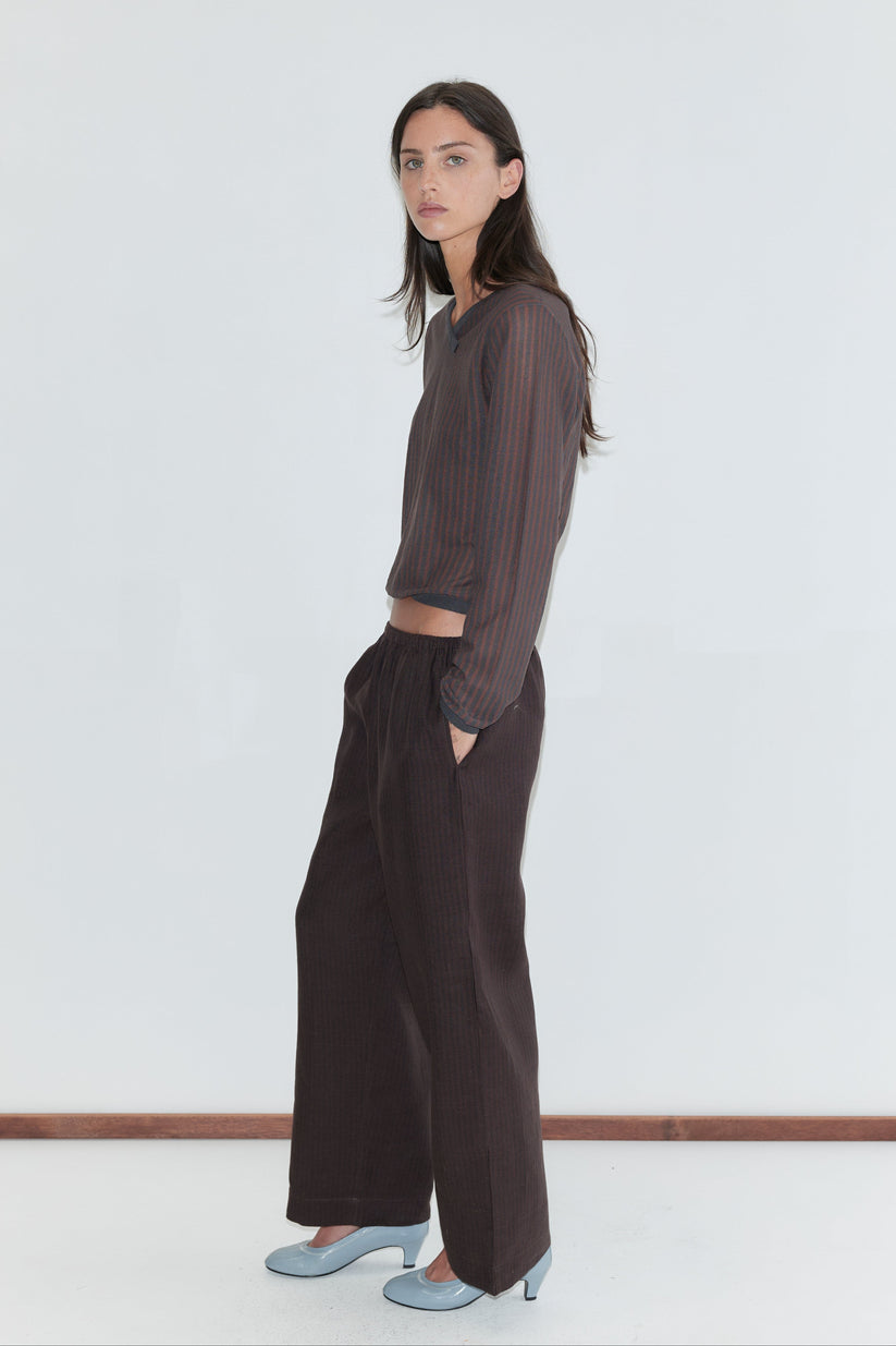 Deiji Studios Linen Ease Trouser in Brown/Black Stripe