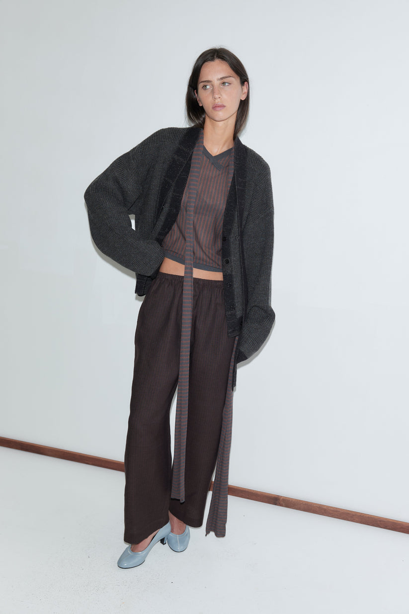 Deiji Studios Linen Ease Trouser in Brown/Black Stripe