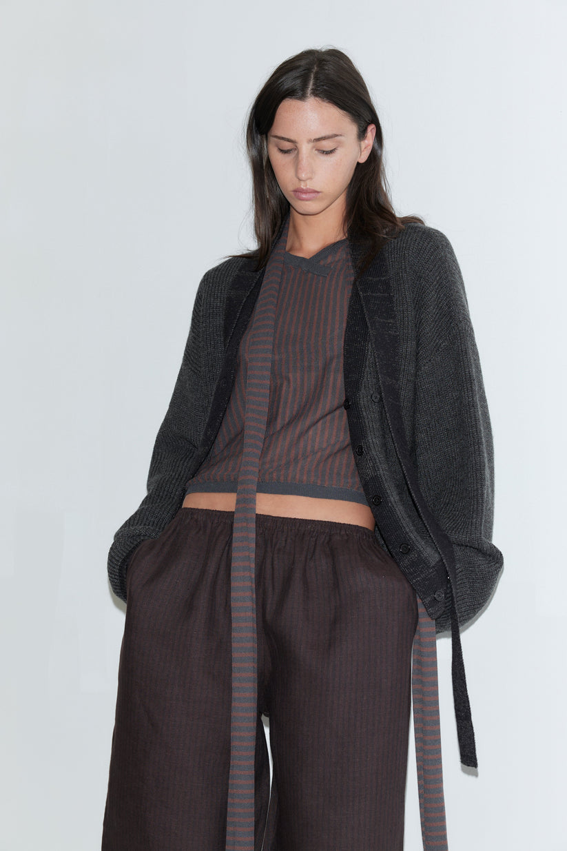 Deiji Studios Linen Ease Trouser in Brown/Black Stripe