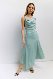 Teal Asymmetrical Cowl Neck Dress