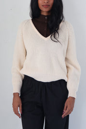 Vintage Cream V Neck Sweater